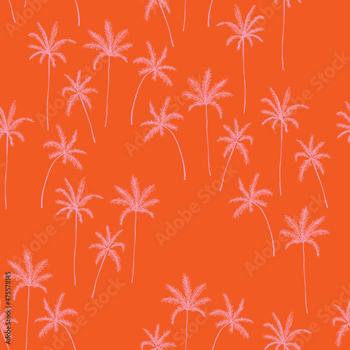 Handmade palm tree illustrations in pink over dark orange background. Vector illustration. Cute ditsy scattered surface design for summer days, adventure and fun times.