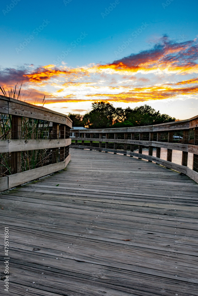 Wooden walkway leading into the sunset with deep blue sky and orange clouds