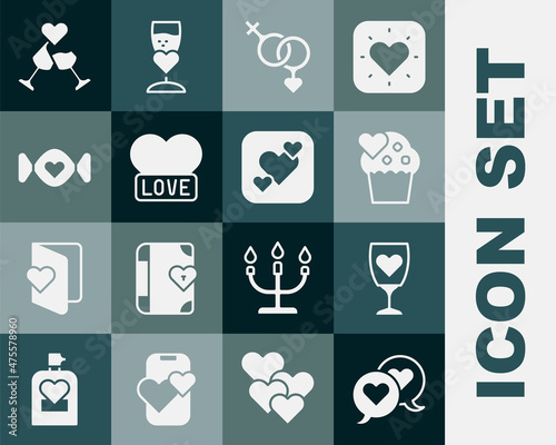 Set Heart in speech bubble, Glass of champagne, Wedding cake, Gender, Candy, and icon. Vector