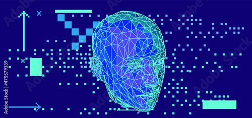 3D low poly wireframe model of a human head made of triangular particles. Conceptual illustration of Artificial intelligence.