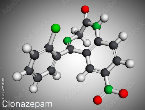 Clonazepam molecule. It is is benzodiazepine, anticonvulsant, used to treat panic disorders, severe anxiety, seizures. Molecular model. 3D rendering. photo