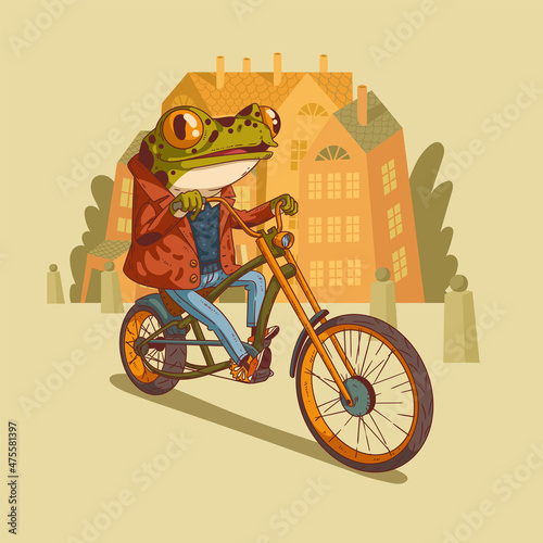 Glad hipster frog on a bike, vector illustration. Anthropomorphic frog. Cheerful trendy dressed frog riding a chopper bicycle against town buildings. Animal character with human body. Furry artwork