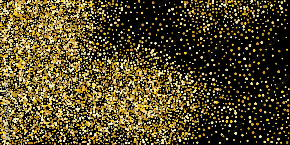 Golden point confetti on a black background. Illustration of a drop of shiny particles. Decorative element. Element of design. Vector illustration, EPS 10.