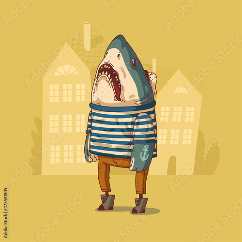 Sailor shark, vector illustration. Anthropomorphic shark, with massive arms and anchor tattoo, in sailor's uniform, standing against buildings' silhouettes. Quirky animal character with human body