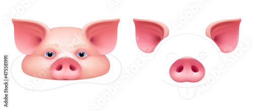 Half mask of pig, ears and nose. Vector elements for carnival costume of piggy.  Printable facial items. Realistic template for overlay effect in selfie app, video collage and photo booth