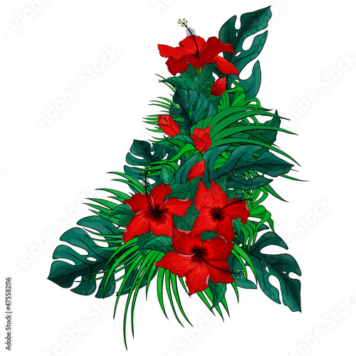 Hibiscus flowers and buds, monstera and palm leaves composition. Red floral arrangement isolated on white background. Exotic tropical bunch of flowers print for apparel, sticker, copybook cover.