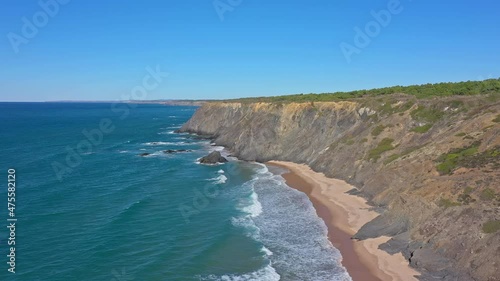 Aerial view of the Portuguese mountain coastline, Vicentina. Aljezur village, beach Vale dos Homens. Sagres