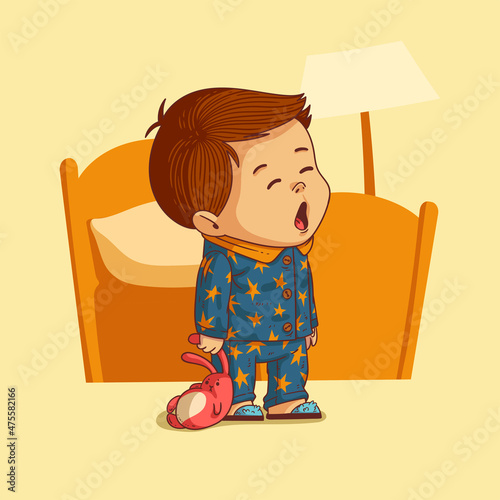 Lovely sleepy kid ready for bed, vector illustration. Cute yawning boy wearing a pajama with stars pattern holding a stuffed bunny standing in the bedroom. Cartoon child, lovely kid, nice toddler