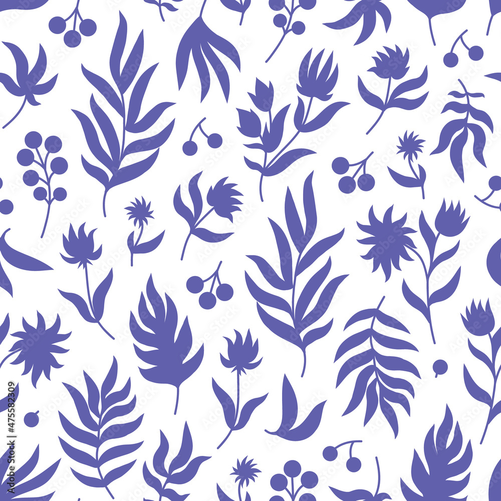 Floral seamless pattern. Abstract Plants. Lavender Violet Flowers, Leaves and Branches in Silhouette on trendy Very Peri color background. Vector texture for print, textile fabric, wrapping paper