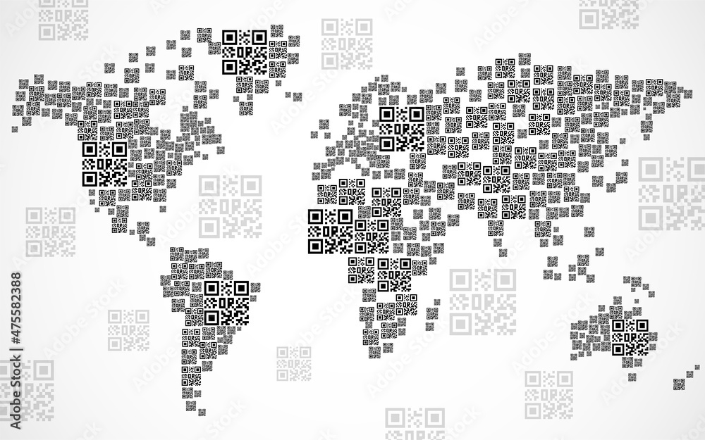 QR code World Map. Pandemic control, vaccination. Global identity. Vector illustration