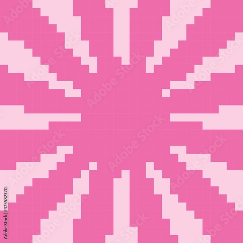 Pink Sunburst or Sunlight pixel art background. Vector illustration.
