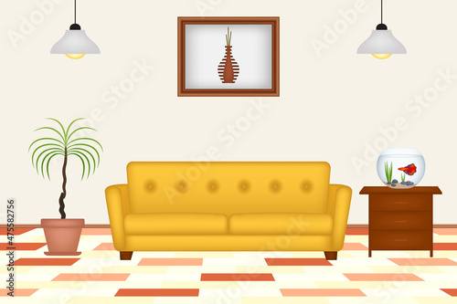 Colorful room with sofa  painting  plant  aquarium  vector illustration
