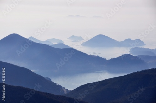 mountains in the fog