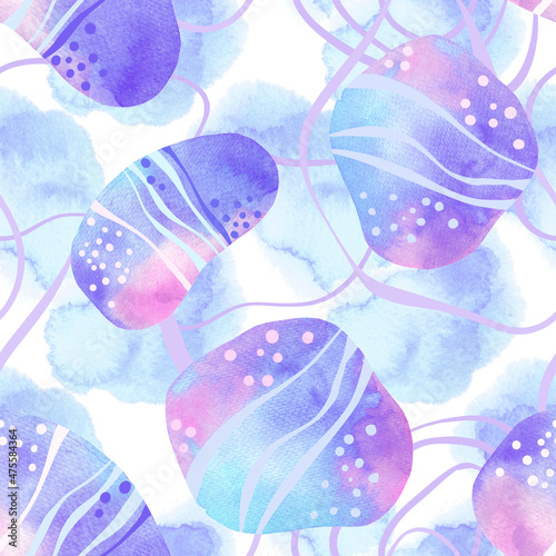 Abstract Sea pebbles seamless pattern watercolour as design element. Sea stones. Sea rocks. Hand drawn painting. Cute summer illustration. Texture watercolour background