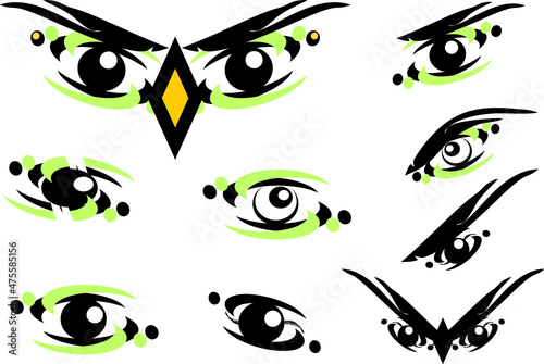 Fototapeta Naklejka Na Ścianę i Meble -  Eye icons and owl mask on a white backdrop for your design. Black-green eye symbols for textiles, wallpaper and web icons, emblems, logos, prints on T-shirts, fabric products, etc.