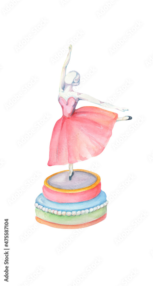 Girl illustration. Ballet.Toy ballerina. pink dress. statuette of ballerina girl. Watercolor hand drawn illustration for baby, children. Happy childhood. Lovely design. Doll Little ballerina dancing Girl illustration. Ballet.Toy ballerina. pink dress. statuette of ballerina girl. Watercolor hand drawn illustration for baby, children. Happy childhood. Lovely design. Doll Little ballerina dancing