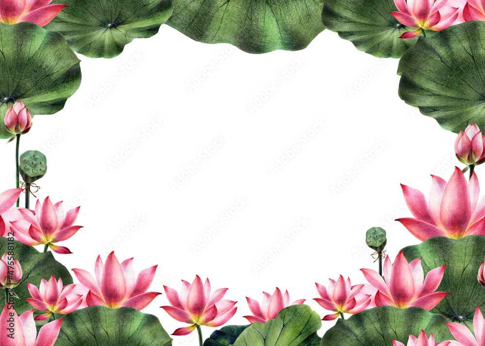 A frame of pink lotus flowers with green leaves. Hand-drawn with colored pencils. It can be used for congratulations on a holiday, anniversary, wedding and for your design A frame of pink lotus flowers with green leaves. Hand-drawn with colored pencils. It can be used for congratulations on a holiday, anniversary, wedding and for your design