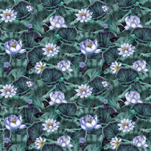 Seamless pattern of Egyptian blue lotuses. Bright image. Vintage abstraction. photo