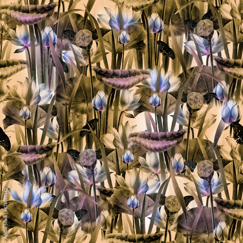 Pattern of blue Egyptian lotus. Image of a water lily. Hand drawing with colored pencils and watercolors. Vintage style pattern