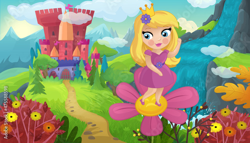 cartoon scene with nature forest princess and castle