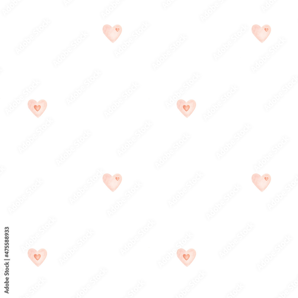 Watercolor seamless pattern from hand painted illustration of orange brown hearts on white background. Simple design print for birthday greeting, wedding invitation. Valentine's Day love card