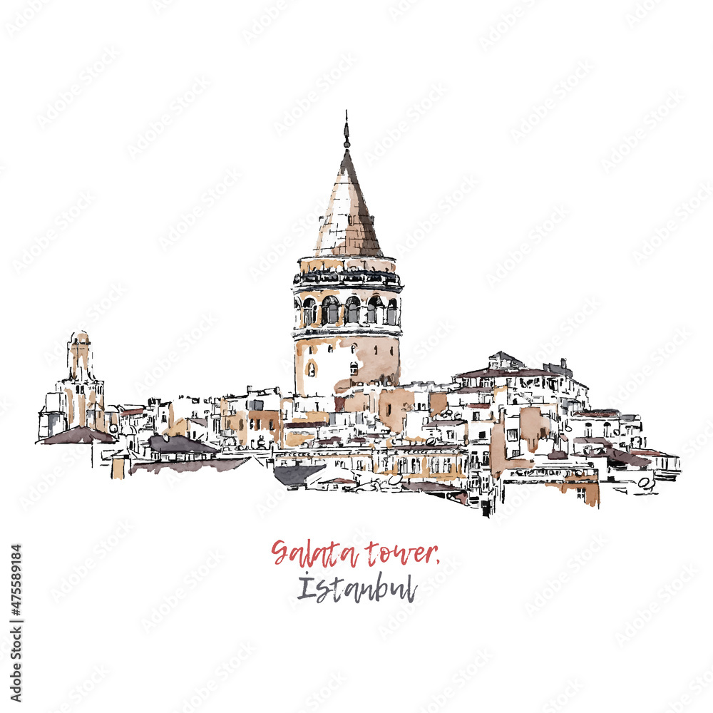Obraz premium Vector sketch watercolor illustration with the Galata Tower in Istanbul, Turkey. Hand drawn famous turkish landmark, turkish sightseeing. Hand drawn sketch vector watercolor illustration. Urban sketch