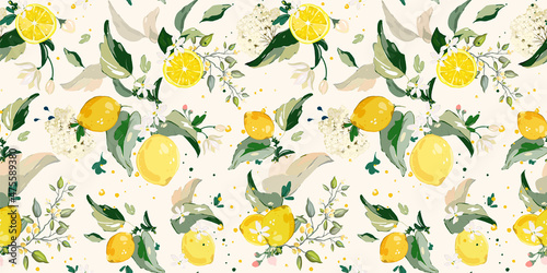 seamless pattern, vector Set of lemon branch. Flower, green leaves. fruit and splashing juice. arrangements