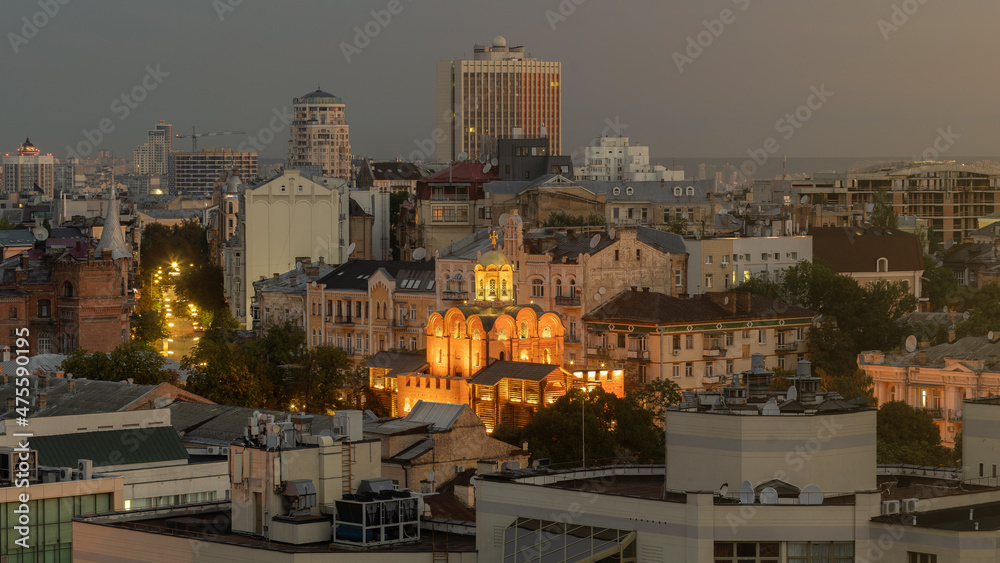 Kiev Kyiv, Ukraine. Golden Gate, Lukyanovka, Trade House and Lviv Square at sunrise