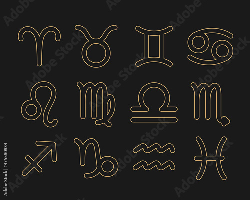 12 Outline Style Zodiac Signs Capricorn Aquarius Pisces Aries Taurus Gemini Cancer Leo Virgo Libra Scorpio Sagittarius - Gold on Black Background