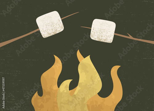 Toasting marshmallows over an open fire, in a cut paper style with textures
