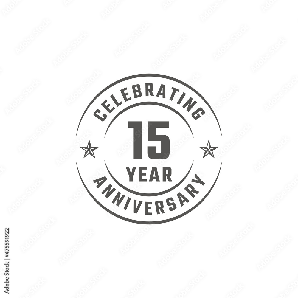 15 Year Anniversary Celebration Emblem Badge with Gray Color for Celebration Event, Wedding, Greeting card, and Invitation Isolated on White Background 15 Year Anniversary Celebration Emblem Badge with Gray Color for Celebration Event, Wedding, Greeting card, and Invitation Isolated on White Background