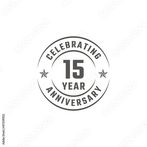 15 Year Anniversary Celebration Emblem Badge with Gray Color for Celebration Event, Wedding, Greeting card, and Invitation Isolated on White Background