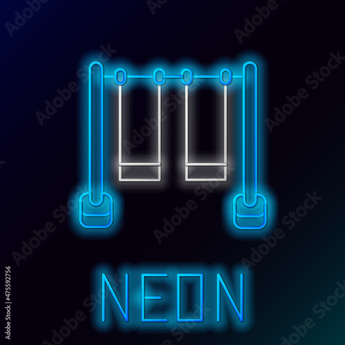 Glowing neon line Double swing for kids summer games on playground icon isolated on black background. Outdoor entertainment equipment. Colorful outline concept. Vector