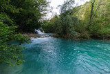 Beautiful turquoise river with waterfall surrounded by forest in Plitvice Lakes National Park, Croatia