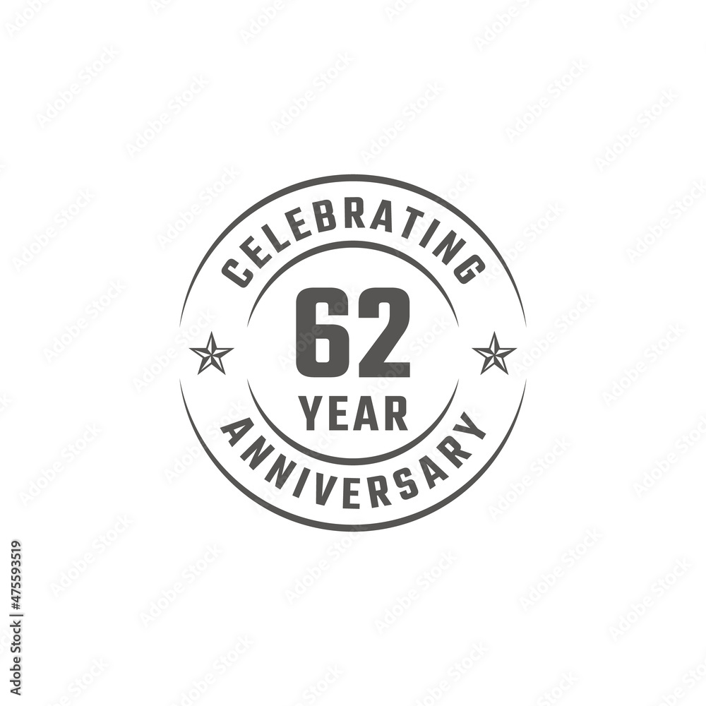 62 Year Anniversary Celebration Emblem Badge with Gray Color for Celebration Event, Wedding, Greeting card, and Invitation Isolated on White Background 62 Year Anniversary Celebration Emblem Badge with Gray Color for Celebration Event, Wedding, Greeting card, and Invitation Isolated on White Background