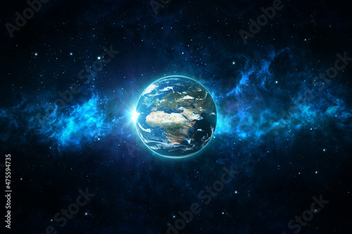 Fototapeta Naklejka Na Ścianę i Meble -  Panoramic views of the Earth, sun, stars and the galaxy. Sunrise over the planet Earth, view from space. View from the side of Africa and Europe. 