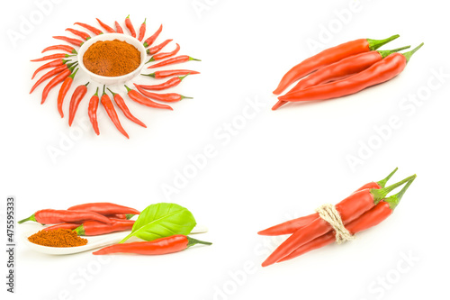 Set of fresh red hot pepper close-up isolated on white background