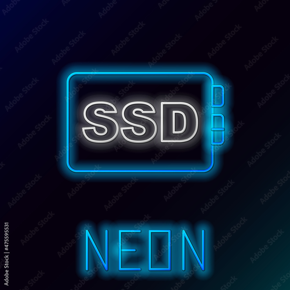 Glowing neon line SSD card icon isolated on black background. Solid state drive sign. Storage disk symbol. Colorful outline concept. Vector Glowing neon line SSD card icon isolated on black background. Solid state drive sign. Storage disk symbol. Colorful outline concept. Vector