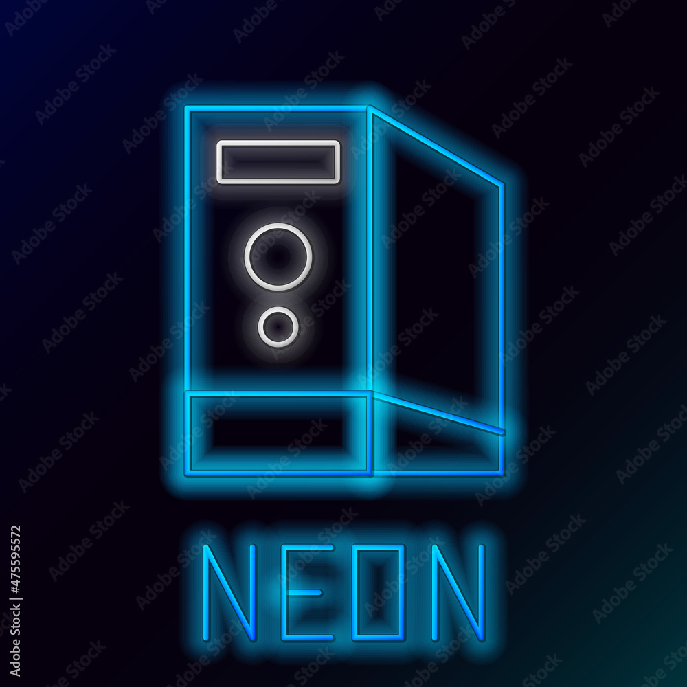 Glowing neon line Case of computer icon isolated on black background. Computer server. Workstation. Colorful outline concept. Vector Glowing neon line Case of computer icon isolated on black background. Computer server. Workstation. Colorful outline concept. Vector