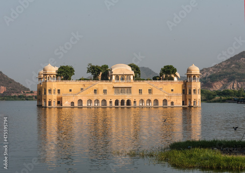 The view of Jal Mahal with birds swimming in the front, Jaipur, Rajasthan, India