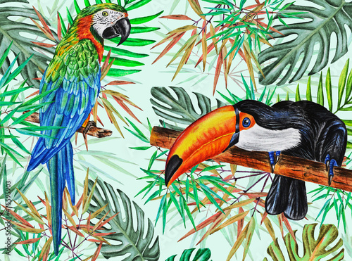 Watercolor pattern with macaw parrot, toucan, tropical leaves. The idea of design, textiles, prints, wallpaper and more.

