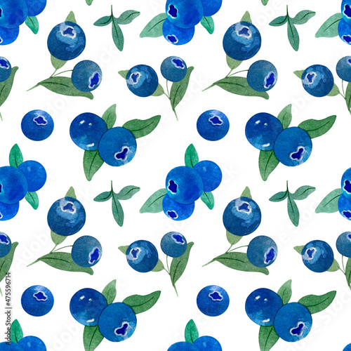 Watercolor seamless pattern with natural fresh blueberries