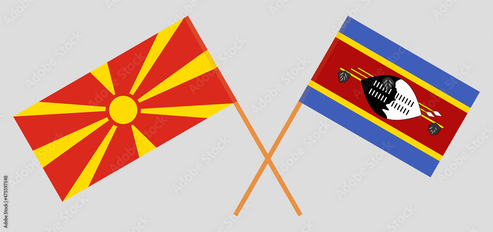 Crossed flags of North Macedonia and Eswatini. Official colors. Correct proportion