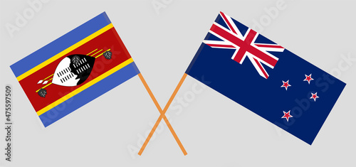 Crossed flags of Eswatini and New Zealand. Official colors. Correct proportion