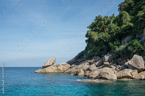 Rocky promontory on shores of Andaman Sea. Calm. This is in Thailand