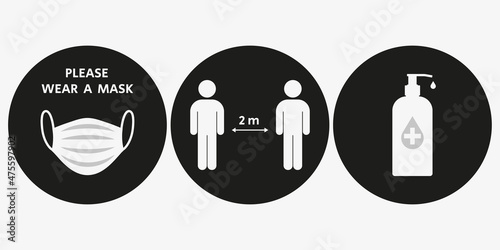 COVID-19 prevention stickers. Vector illustration.