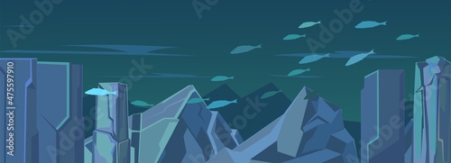 Fish school at the bottom of the ocean. Underwater wild life. Deep sea horizontal landscape. Rocky cliffs. Natural landscape. Illustration in cartoon style flat design. Vector