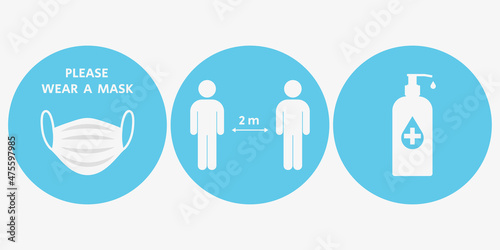 COVID-19 prevention stickers. Vector illustration.
