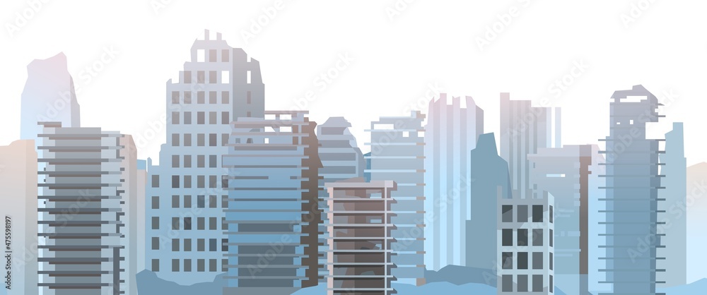 Ruined city Backgdrop. Apocalypse scene. Armageddon death of civilization in war or environmental disaster. Flat style. Seamless Illustration isolated on white background. Vector