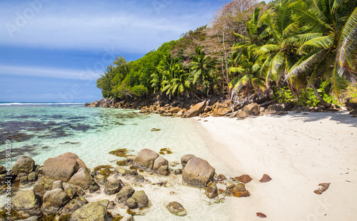 Hidden little tropical beach. Anse Baleine, Mahe, Seychelles.